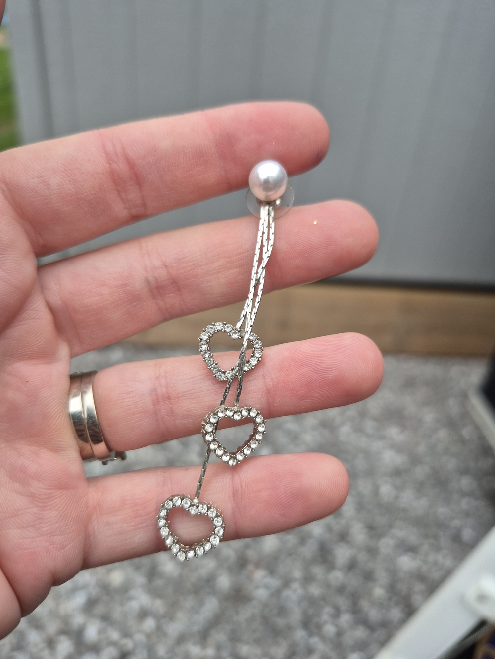 3 For $15!! Silver Pearl-Top Dangle Earrings with Rhinestone Heart Drops - Picture 2 of 5